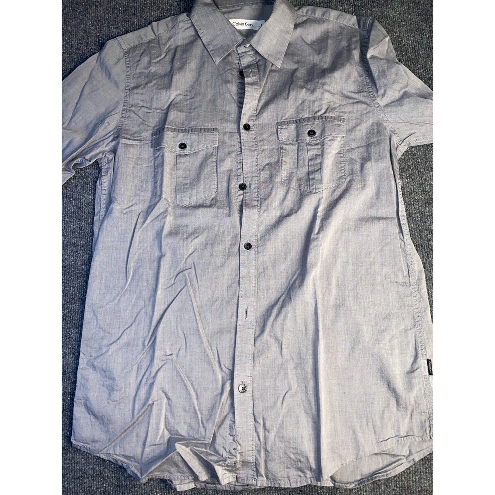 Calvin Klein Shirt Mens Small Gray Georgette Chest Pockets Black Tab Button Down